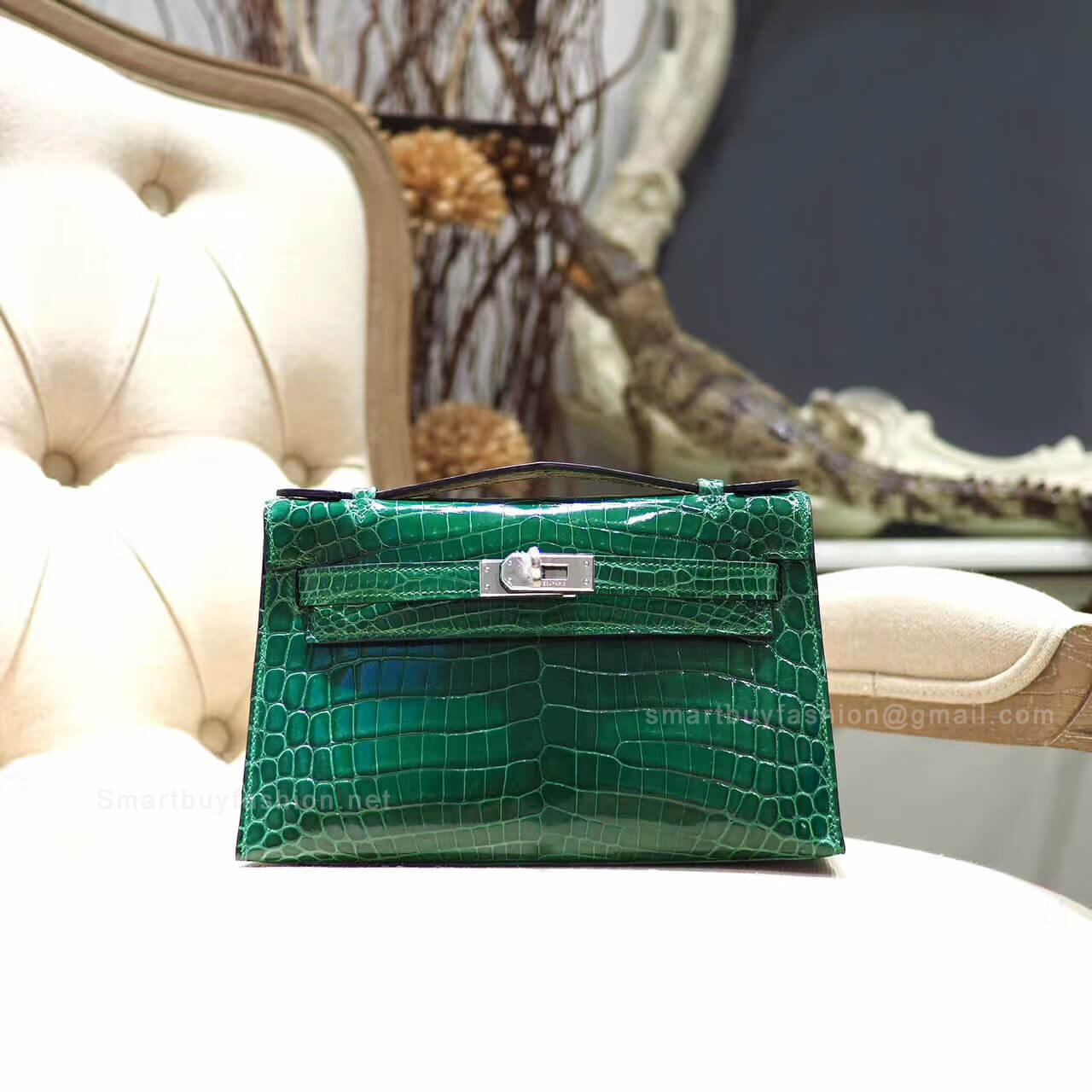 Hermes Mini Kelly 22 Pochette Bag in Vert Emeraude Shiny Nile Croc PHW